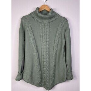 L.L. Bean Womens Green Cable Knit Turtleneck Sweater Sz M Long Sleeve Pullover